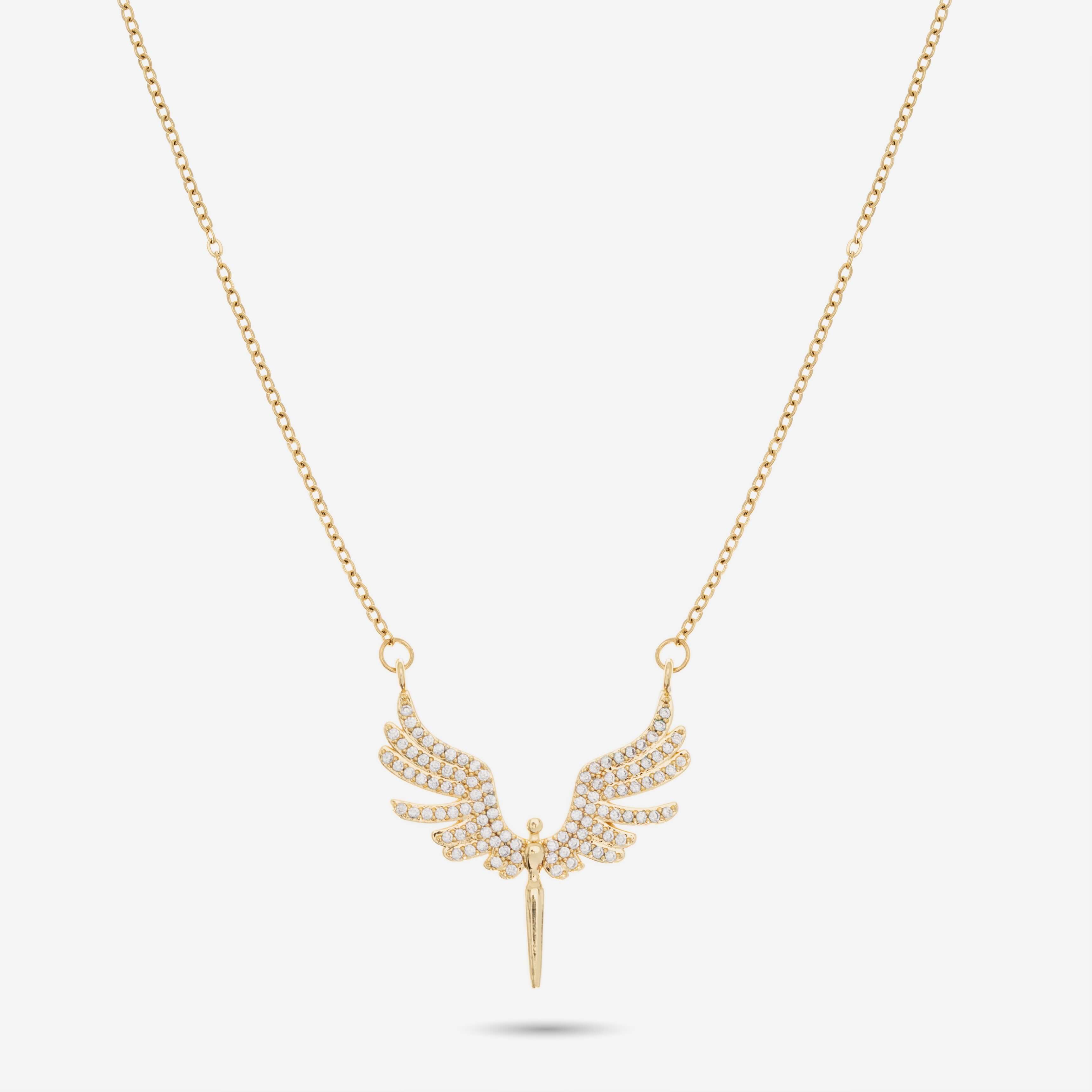 Engelsflügel Halskette in Gold mit funkelnden Kristallen und feinem Edelstahl, perfektes Schmuckstück für jeden Anlass.
