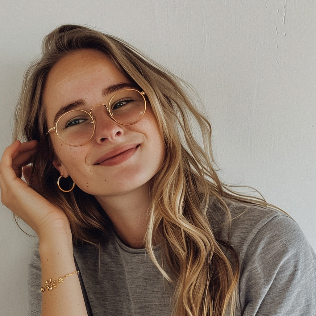Ein Foto von der Gruenderin des Shops. Eine Blonde Frau mit Brille und Schmuck