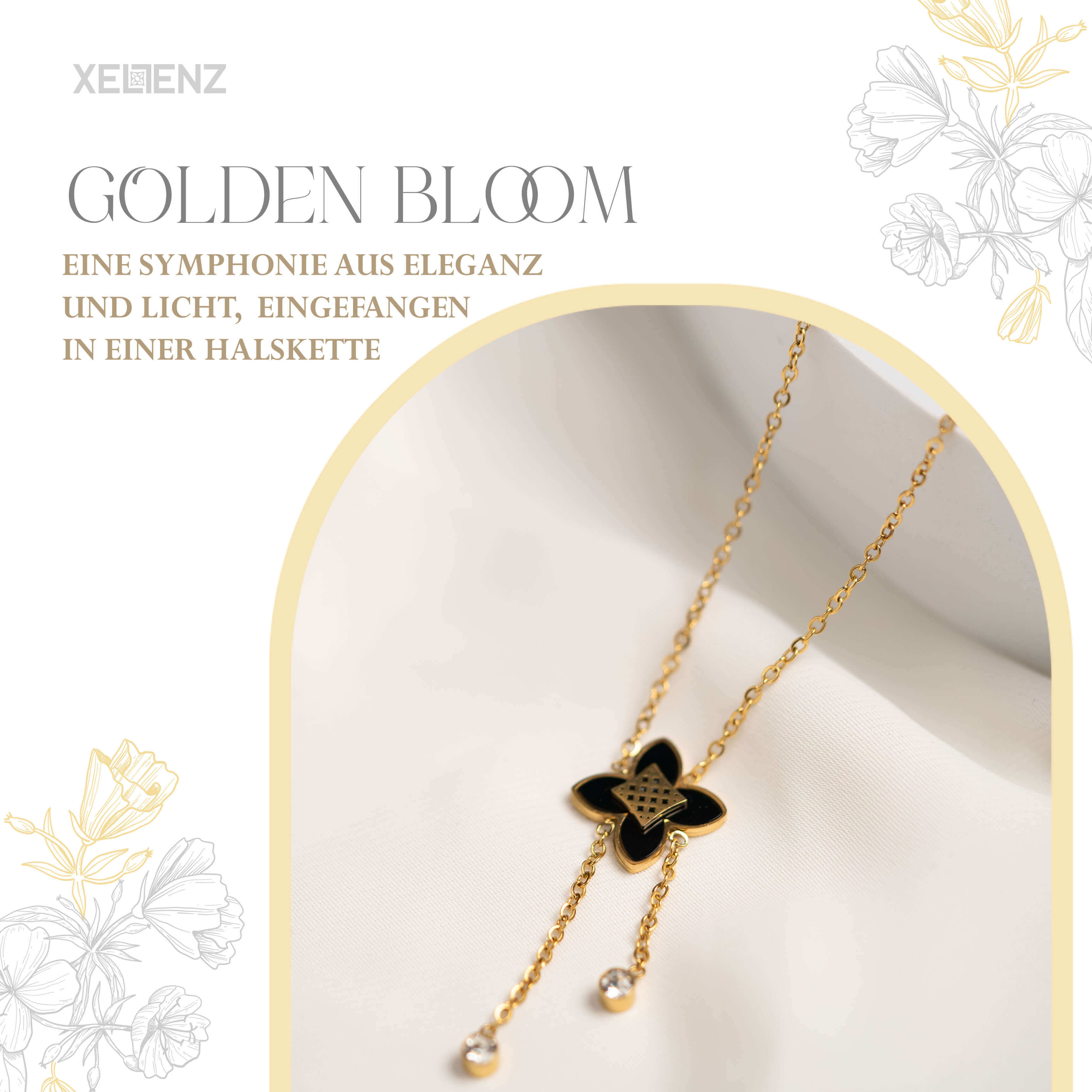 Elegante goldene Halskette mit floralem Anhänger und schimmernden Perlen, ein strahlendes Schmuckstück.