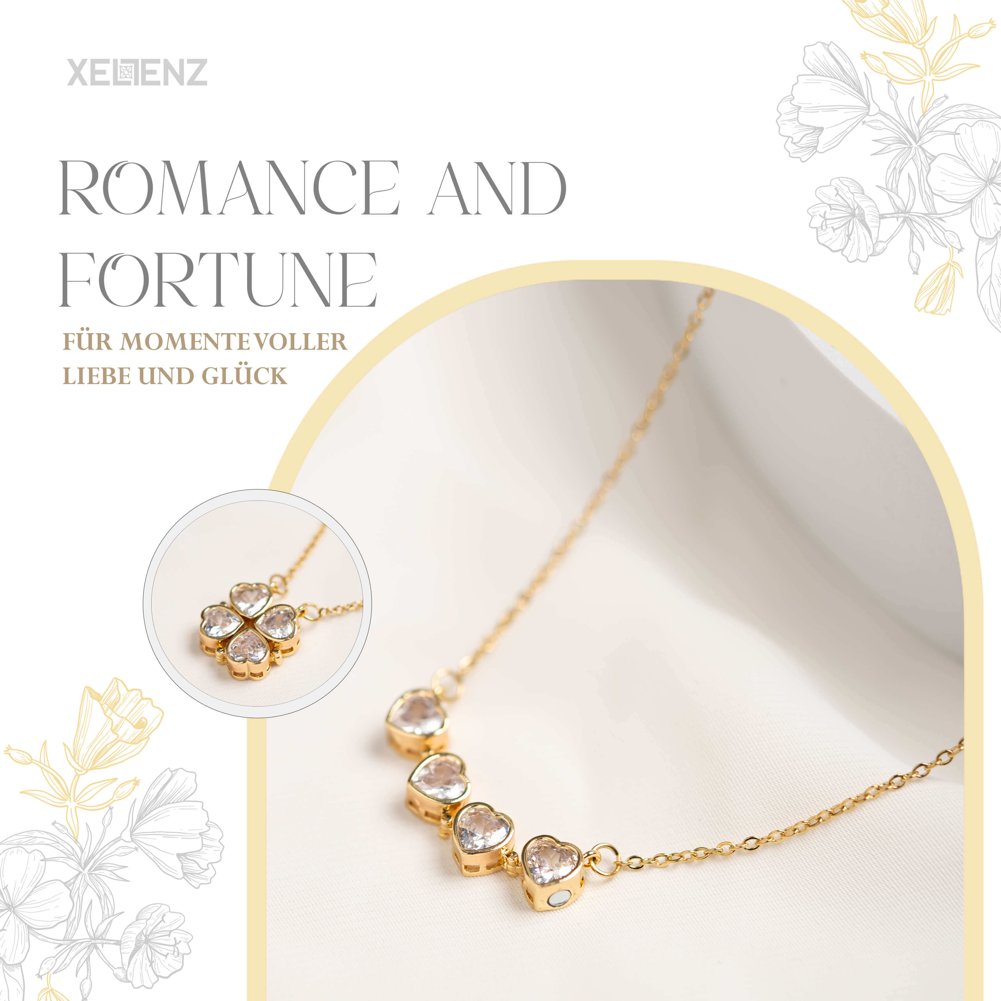 Herz-Kleeblatt Halskette aus Edelstahl in Gold, symbolisiert Romantik und Glück, elegant und langlebig.