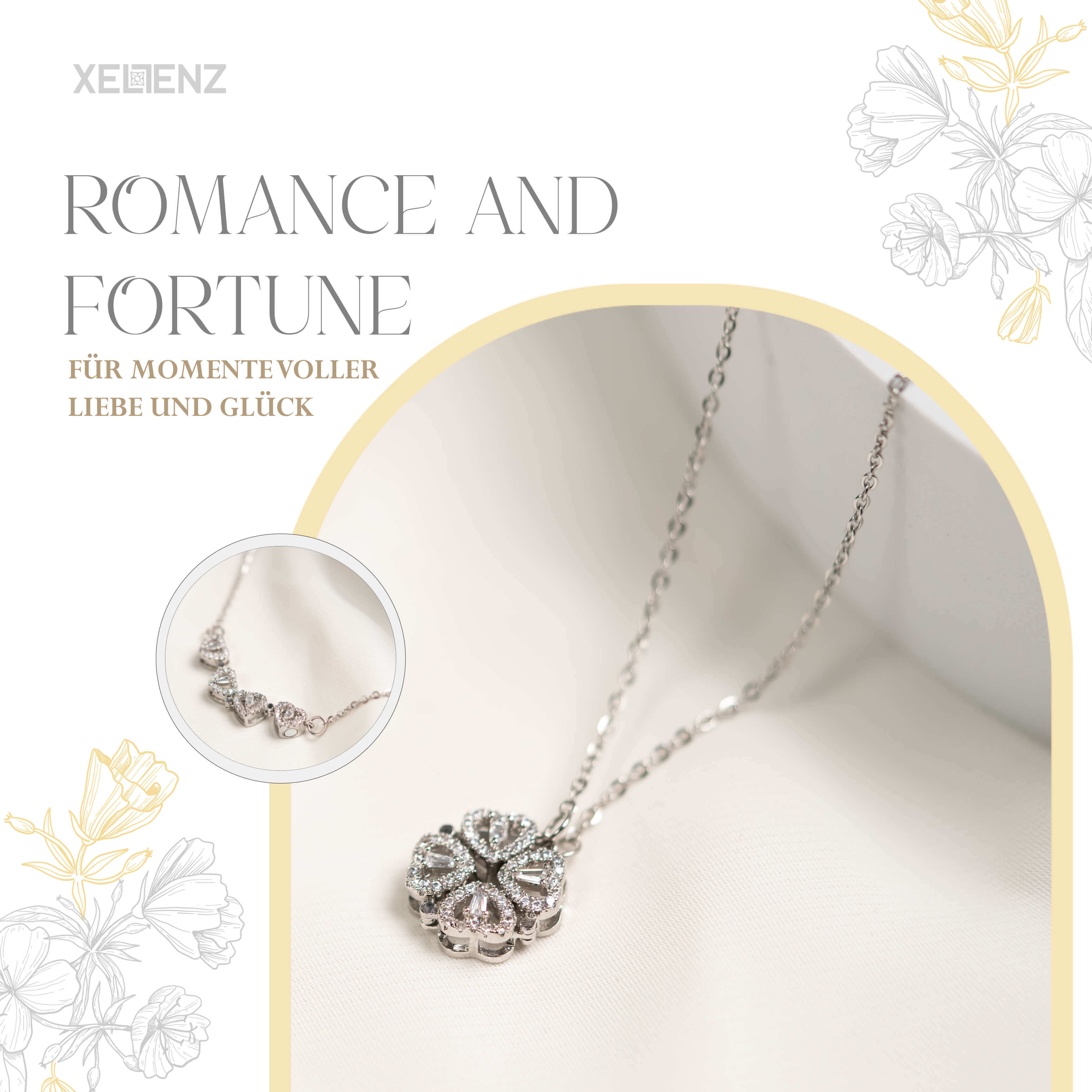 Herz-Kleeblatt Halskette aus Edelstahl in Silber, symbolisiert Romantik und Glück, glänzende Steine, elegantes Schmuckstück.