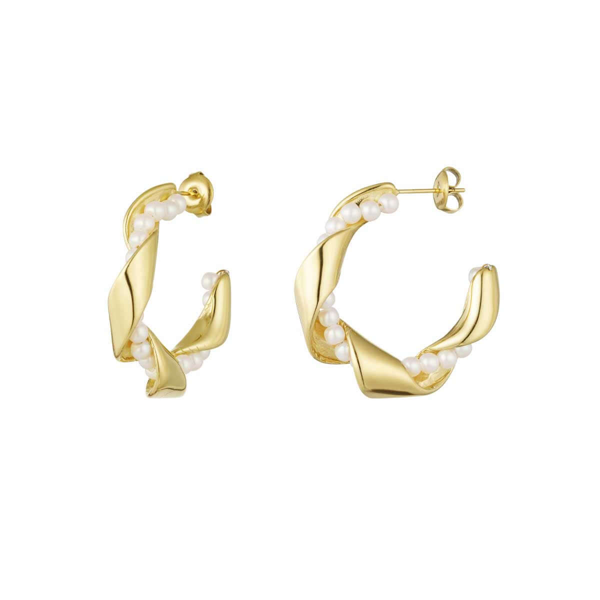 Goldene Creolen mit Perlen, Perlenspirale Ohrringe für einen stilvollen Look